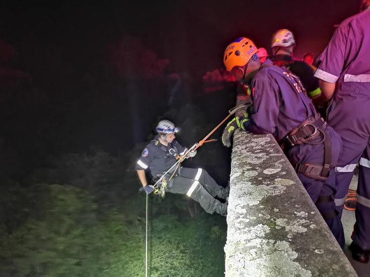 Rescuers had to abseil 30 metres down into a valley to rescue a woman who fell off a bridge outside Durban.