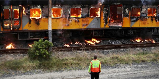 A train goes up in flames on Cape Town's northern line on January 25 2020.