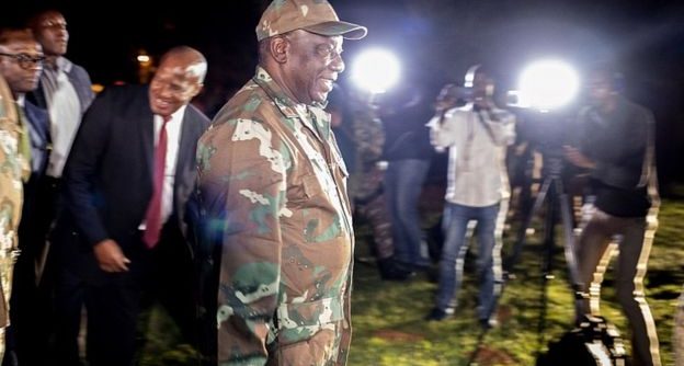 South African President Cyril Ramaphosa arrives at Diepkloof Army Base to address soldiers prior to their deployment in Johannesburg, 26 March 2020