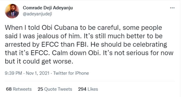 Obi Cubana: EFCC reveal why Obinna Iyiegbu dey with dem- See how Nigerians react